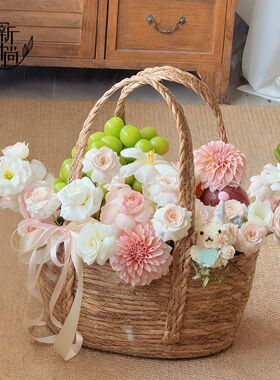 手工藤编草编北欧手提花篮