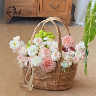 手工藤编草编北欧手提花篮编织田园悬挂花篮壁挂式花店鲜花艺包装