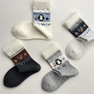 秋冬毛绒袜口费尔岛卡通动物袜子女韩系可爱企鹅小鹿无骨中筒袜棉