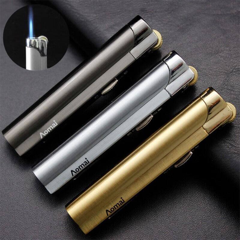 奥麦创意防风户外充气打火机直冲蓝焰金属个性砂轮精致细长大火力