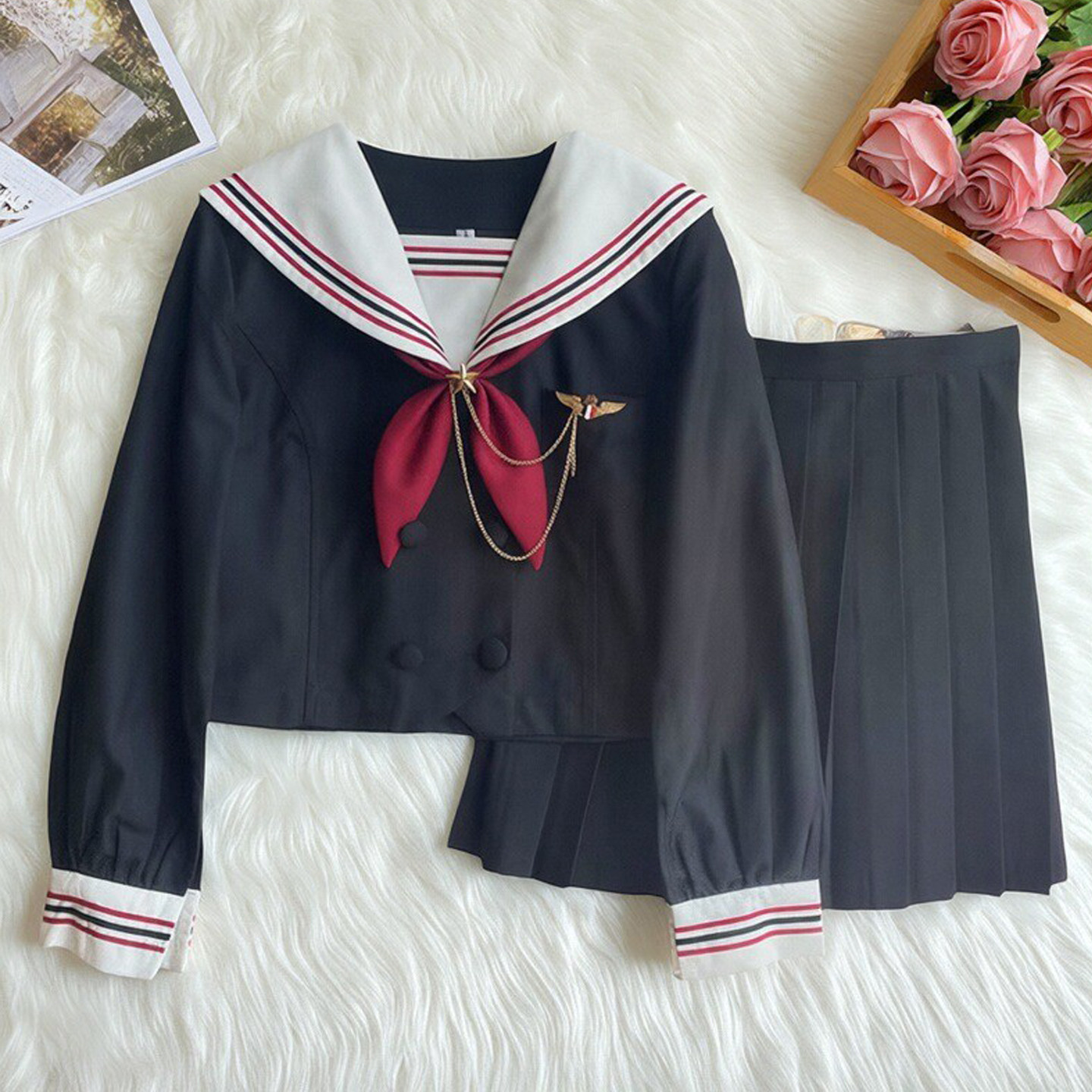 正版【玄赤三本】JK制服基础款黑色白领公主线水手服短袖长袖套装