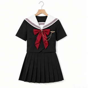 日系学院风JK制服黑色水手服女学生白色海军领短袖收腰蝴蝶结套装