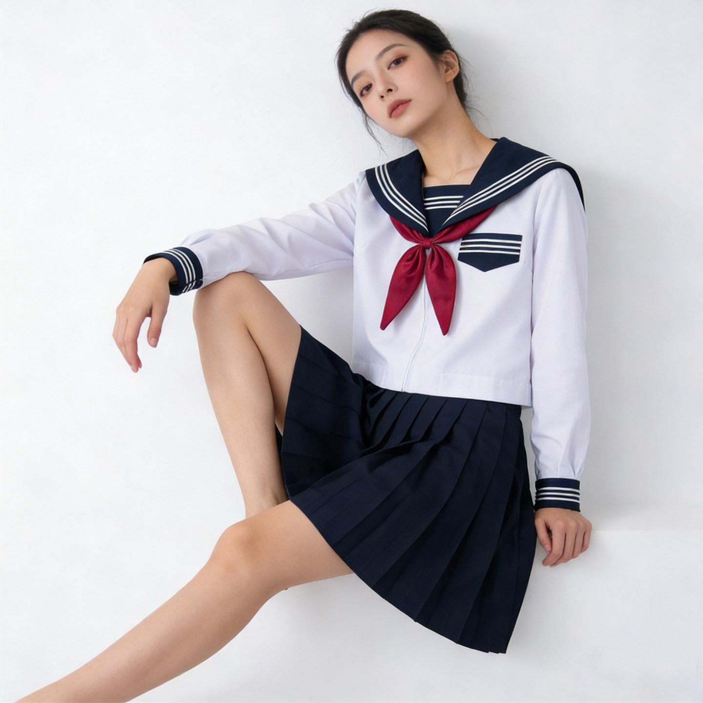 原创JK制服白色水手服深蓝色海军领日系学院风学生校服百褶裙套装
