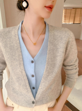 山羊绒2025新款秋冬假两件开衫女时尚长袖百搭软糯纯色外搭上衣