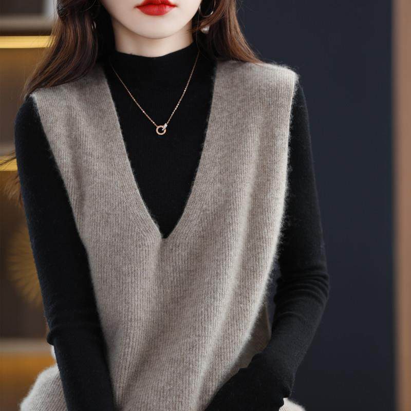 羊绒马甲女秋冬外穿V领套头毛衣针织背心坎肩宽松慵懒风马夹上衣