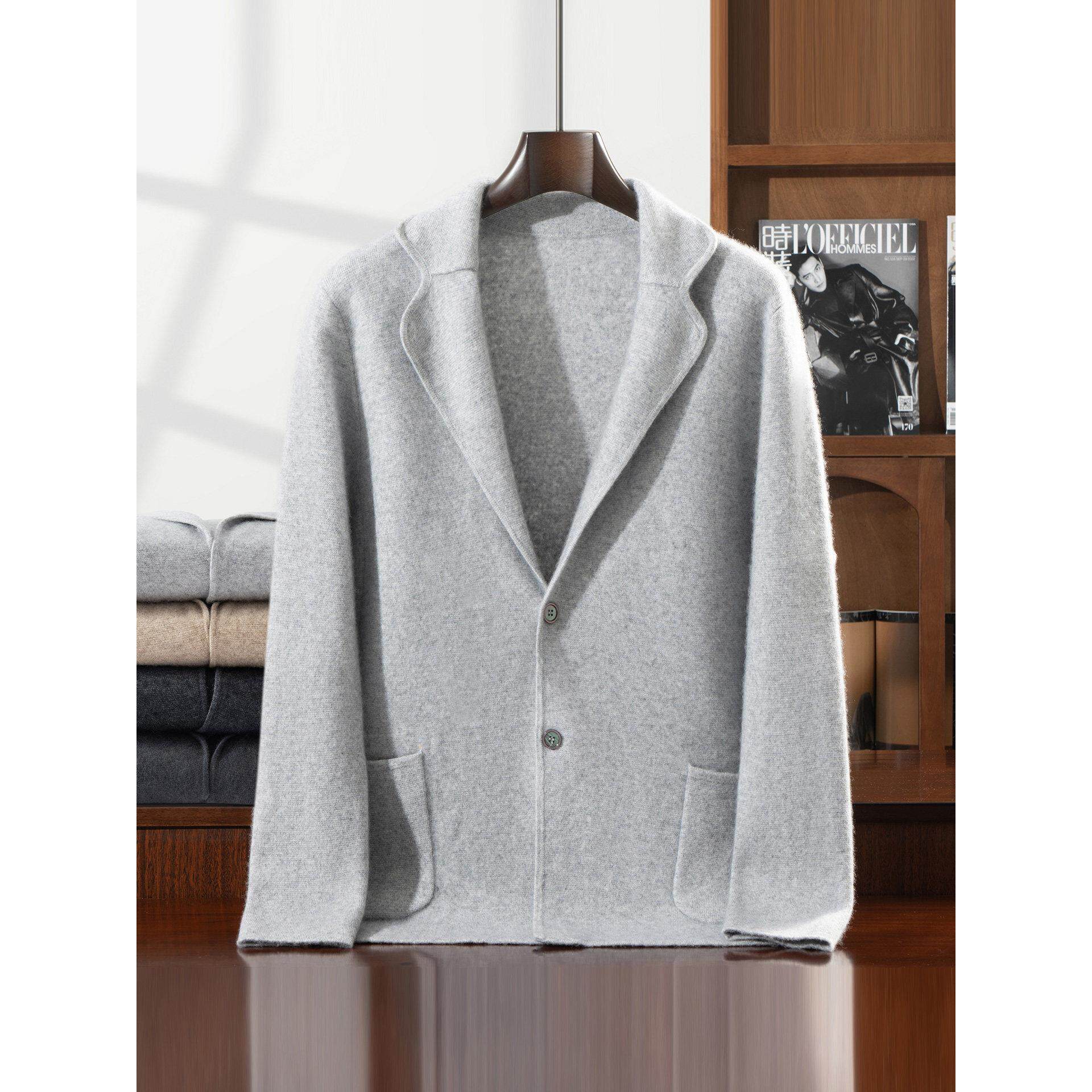 秋冬新款纯山羊绒衫西装领系扣开衫男士商务休闲毛衣外套保暖上衣