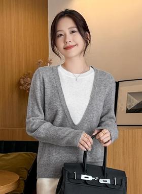 假两件100%纯羊毛衫女2025秋冬新款圆领灰色针织衫高级感打底毛衣