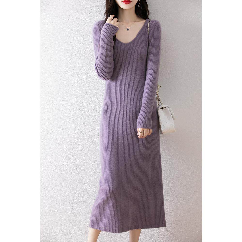 V领纯羊毛针织连衣裙女2025秋冬新款修身显瘦羊毛毛衣打底长裙