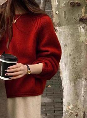 2025新款秋冬100%纯羊毛衫女圆领套头毛衣宽松卷边红色羊绒针织衫