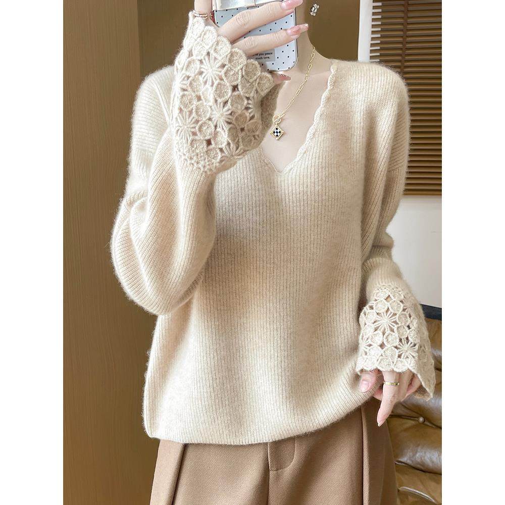 秋冬新款女士纯色100纯羊毛衫绣花百搭V领慵懒显瘦套头针织打底衫