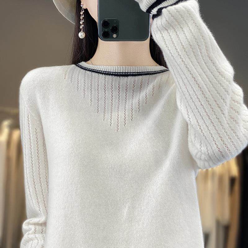 2024秋冬新款100%纯羊毛衫女圆领拼色袖子镂空毛衣宽松显瘦羊毛衫