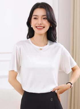 进口面料~2025夏季新款醋酸短袖女圆领缎面宽松垂感真丝半袖T恤