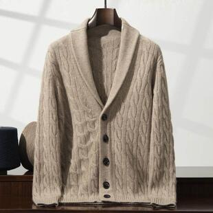 重磅五股秋冬加厚青果领100%纯山羊绒衫男款扭花针织开衫系扣外套