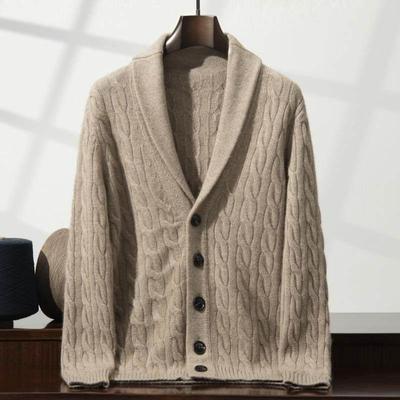 重磅五股秋冬加厚青果领100%纯山羊绒衫男款扭花针织开衫系扣外套