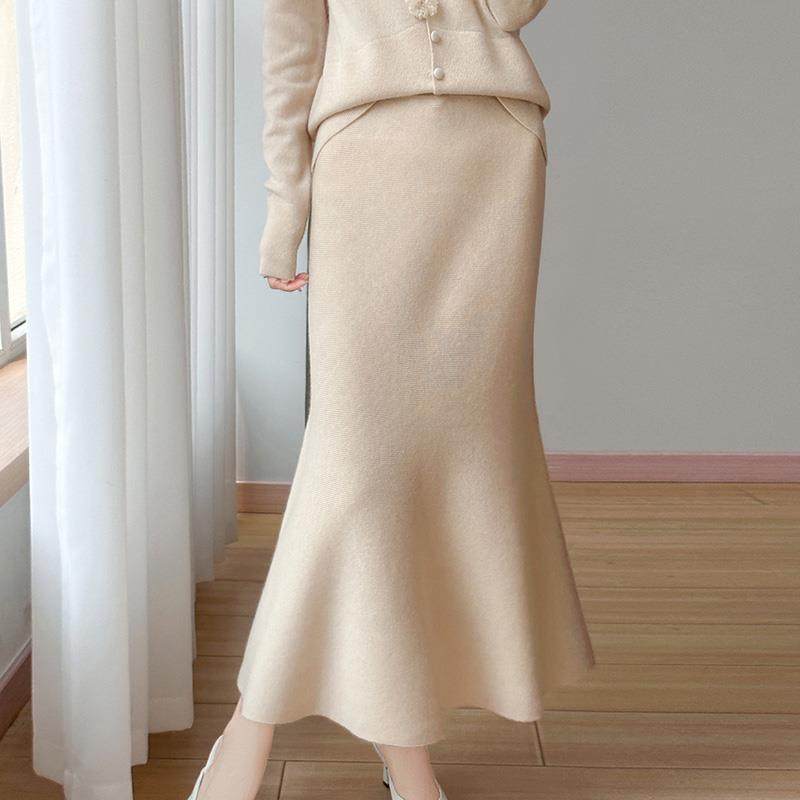 2025新款秋冬100%纯羊毛女高腰显瘦鱼尾半身裙宽松下摆纯色包臀裙