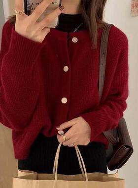 2025秋冬新款100%纯羊毛开衫女圆领加厚红色毛衣宽松羊绒针织外套