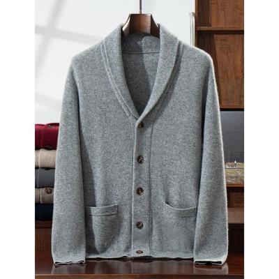 秋冬新款加厚青果领毛衣男V领100%纯山羊绒针织开衫打底外套翻领