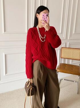 扭花圆领100%纯羊毛衫女2025秋冬新款套头红色毛衣针织羊绒打底衫