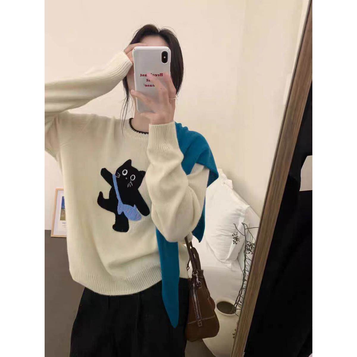 2025秋冬新款100%纯羊毛衫女圆领猫咪图案毛衣长袖羊绒针织打底衫