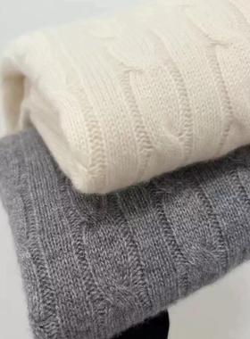 重磅加厚100%美丽诺羊毛衫女圆领麻花刺绣灰色毛衣老钱风羊绒打底