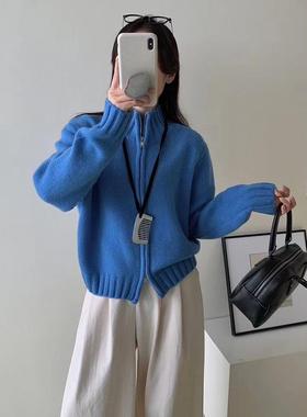 100%纯羊毛立领针织开衫女2025秋冬新款宽松气质毛衣蓝色针织外套