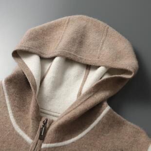 24秋冬新款100%纯山羊绒男款空气层加厚针织开衫拉链外套连帽卫衣