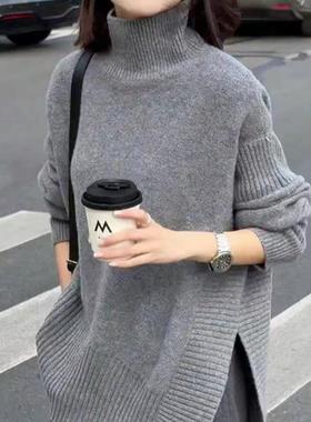 2025秋冬新款高领100%纯羊毛衫女宽松中长款灰色毛衣加厚针织打底