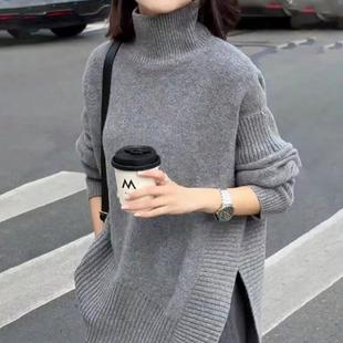 2025秋冬新款高领100%纯羊毛衫女宽松中长款灰色毛衣加厚针织打底