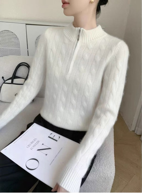 秋冬款半高领拉链羊绒衫女毛衣套头麻花纯色宽松加厚山羊绒针织衫