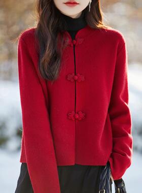 2025早春新款圆领开衫女式宽松针织衫新款中国风唐装民族风红色开