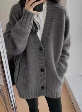 美丽诺100%羊毛开衫女重磅加厚V领中长款复古针织慵懒风灰色外套