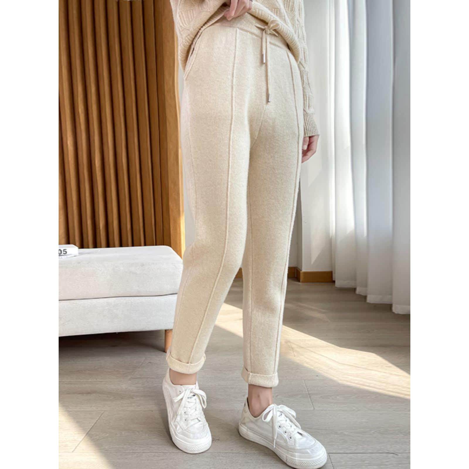 秋冬加厚女高腰显瘦宽松羊绒针织裤100%纯羊毛小脚铅笔裤