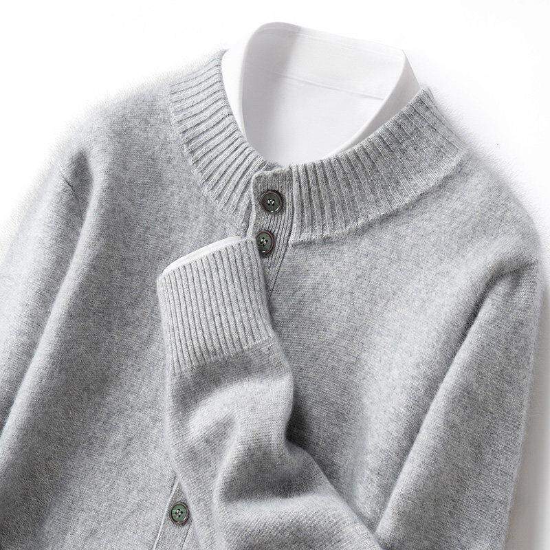 秋冬新款纯山羊绒半高领纽扣开衫男士加厚针织外套休闲宽松上衣