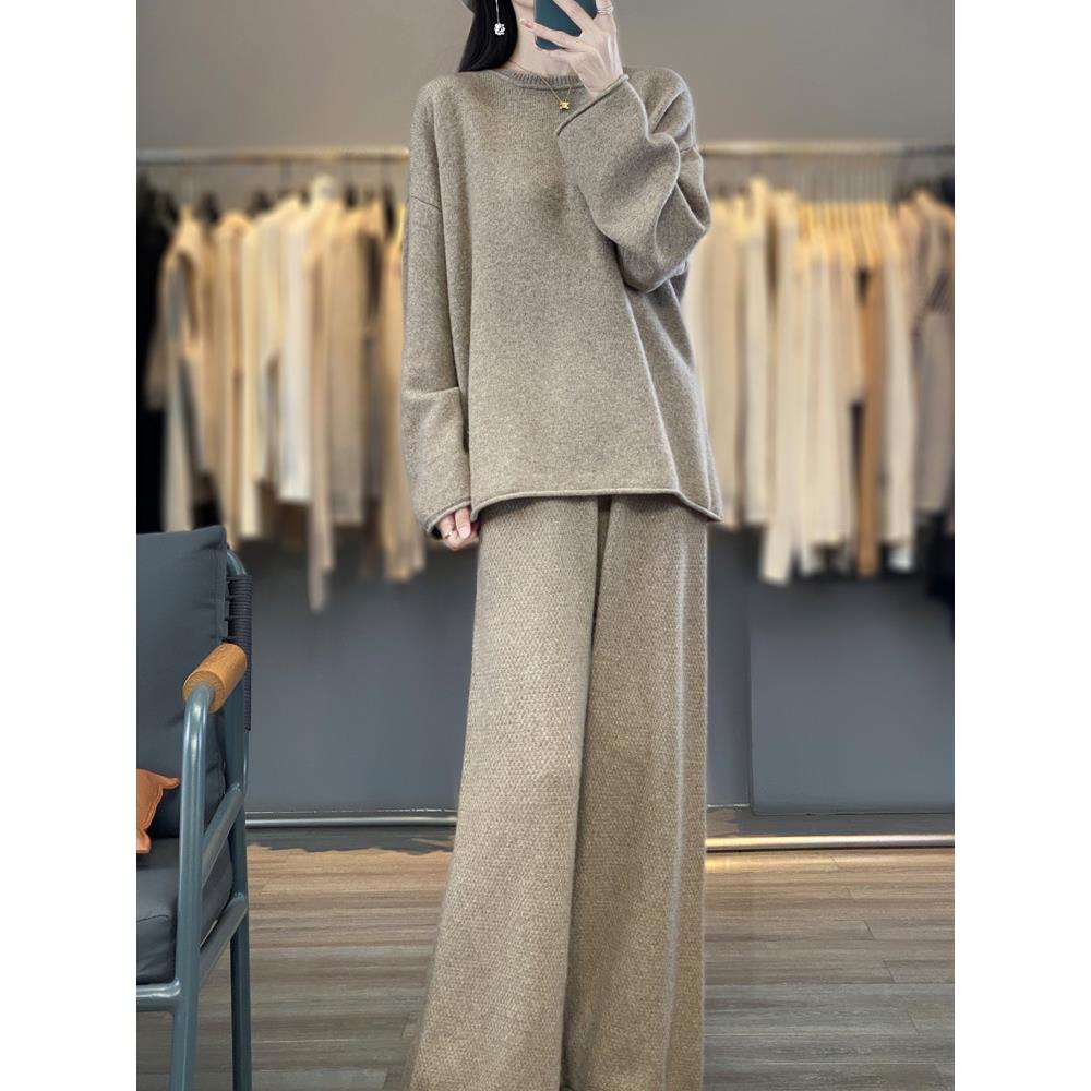 24秋冬新款羊绒针织套装女加厚高领毛衣宽松阔腿裤时尚羊毛两件套