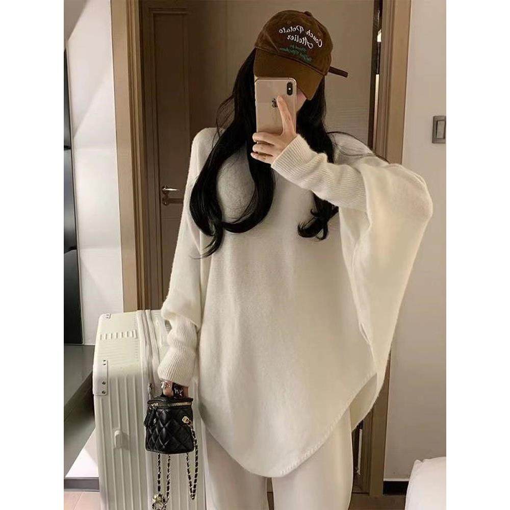 不规则蝙蝠袖100%纯羊毛衫女2025秋冬新款圆领中长款毛衣针织打底