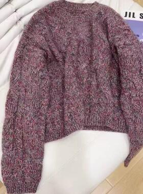 花纱100%纯羊毛衫女2025秋冬新款圆领紫色针织衫宽松慵懒加厚毛衣