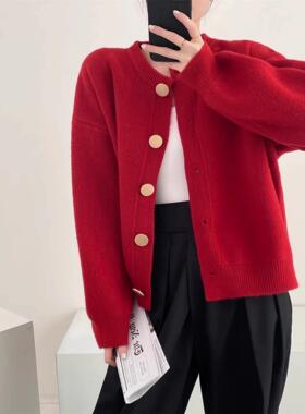 2025秋冬新款100%纯羊毛开衫女圆领单排扣红色毛衣时尚针织外套