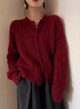 秋冬亮丝圣诞红色100羊毛开衫女欧货新年本命年针织衫厚毛衣外套