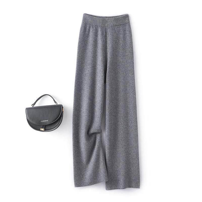 秋冬新款100%纯羊绒垂坠感针织松紧腰女加厚外穿休闲显瘦阔腿裤