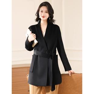 2025秋冬新款双面羊绒大衣女中长款系带带兜毛呢V领100纯羊毛外套