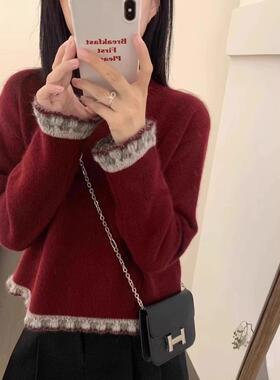 2024冬季红色蕾丝100%美利奴羊毛针织衫女士高端短款新年红色生肖