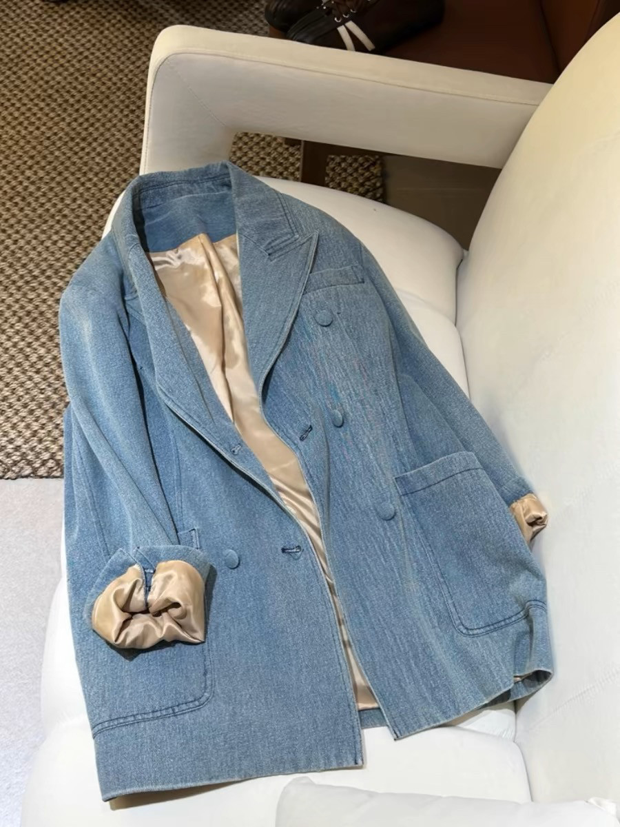 FOREIGN TRADE HIGH-END EARLY AUTUMN NEW UNIQUE GOOD-LOOKING SENSE OF LUXURY RETRO CASUAL LOOSE BLUE BLAZER DENIM JACKET WOMEN