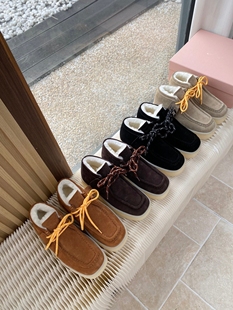 m家时尚雪地靴系带厚底方头毛毛保暖鞋女马丁靴短靴真皮休闲鞋女