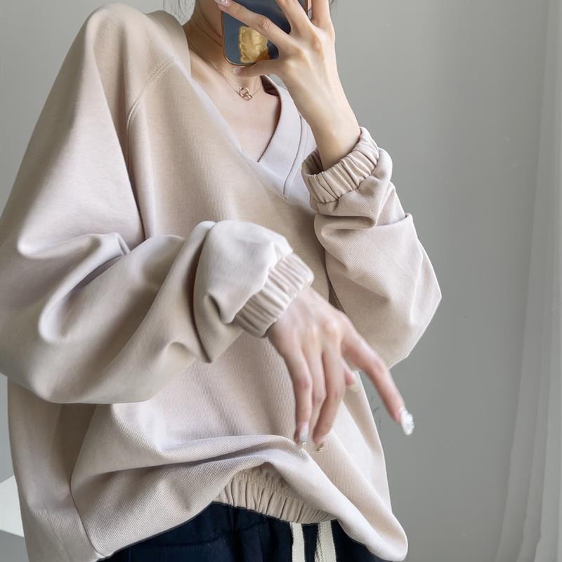 秋季短款V领卫衣女oversize宽松慵懒风纯色休闲舒适薄款长袖上衣