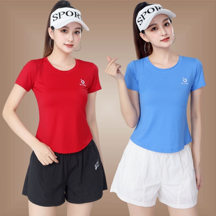 跳舞广场舞服装2024新款速干短袖女运动短裤套装健身团体操演出服