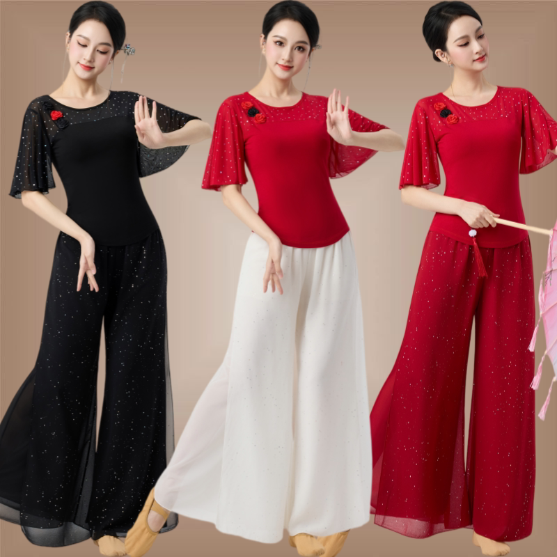 广场舞服装夏季新款气质喇叭袖上衣女国风练功服套装古典舞演出服