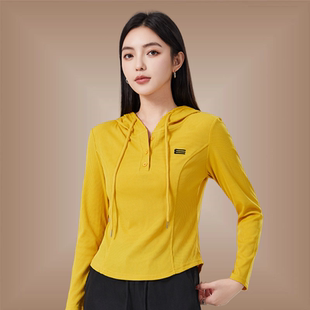 杨丽萍广场舞服装新款长袖t恤女黄色上衣健身操运动修身连帽卫衣