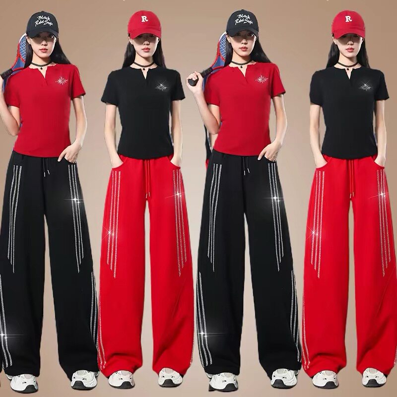 佳木斯广场舞健身服杨丽萍服装运动套装女春夏烫钻短袖跳舞弯刀裤