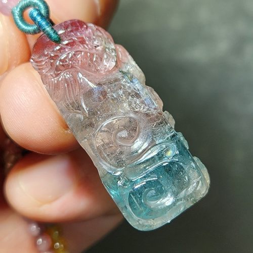 收藏天然碧玺霸气龙牌吊坠挂件龙行天下 多色西瓜碧玺 10g