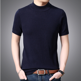 厚款半高领短袖含羊毛针织衫男秋冬季中青年纯色毛衣大红色打底衫